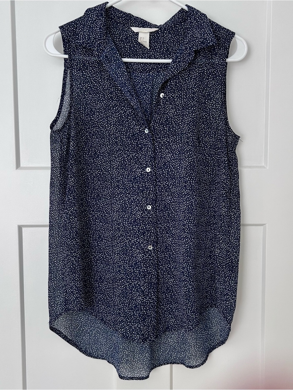 H&M Navy Sleeveless Button-Down with Tiny White Dot Print